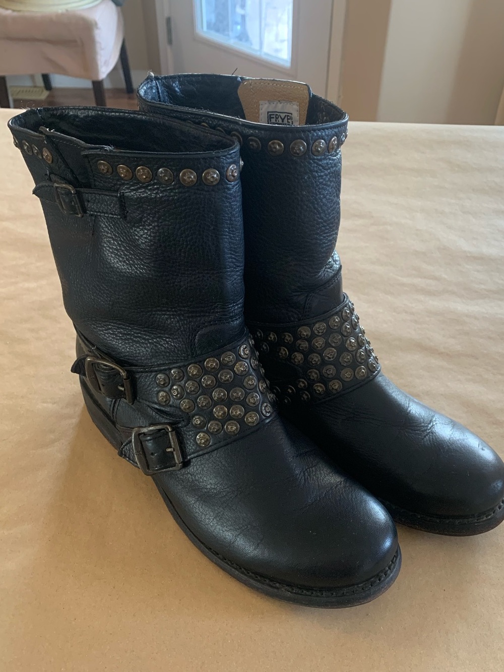 Frye Black Leather Buckle Studded Moto Boots Size 9.5 - Picture 2 of 15